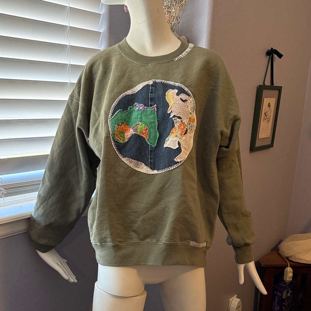 Free People Olive Green Patchwork Crewneck Sweatshirt